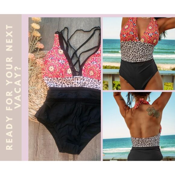 🌸 Floral + Leopard High Waist Plunge One-Piece | Vacay Ready Resort - Size L - Picture 1 of 1